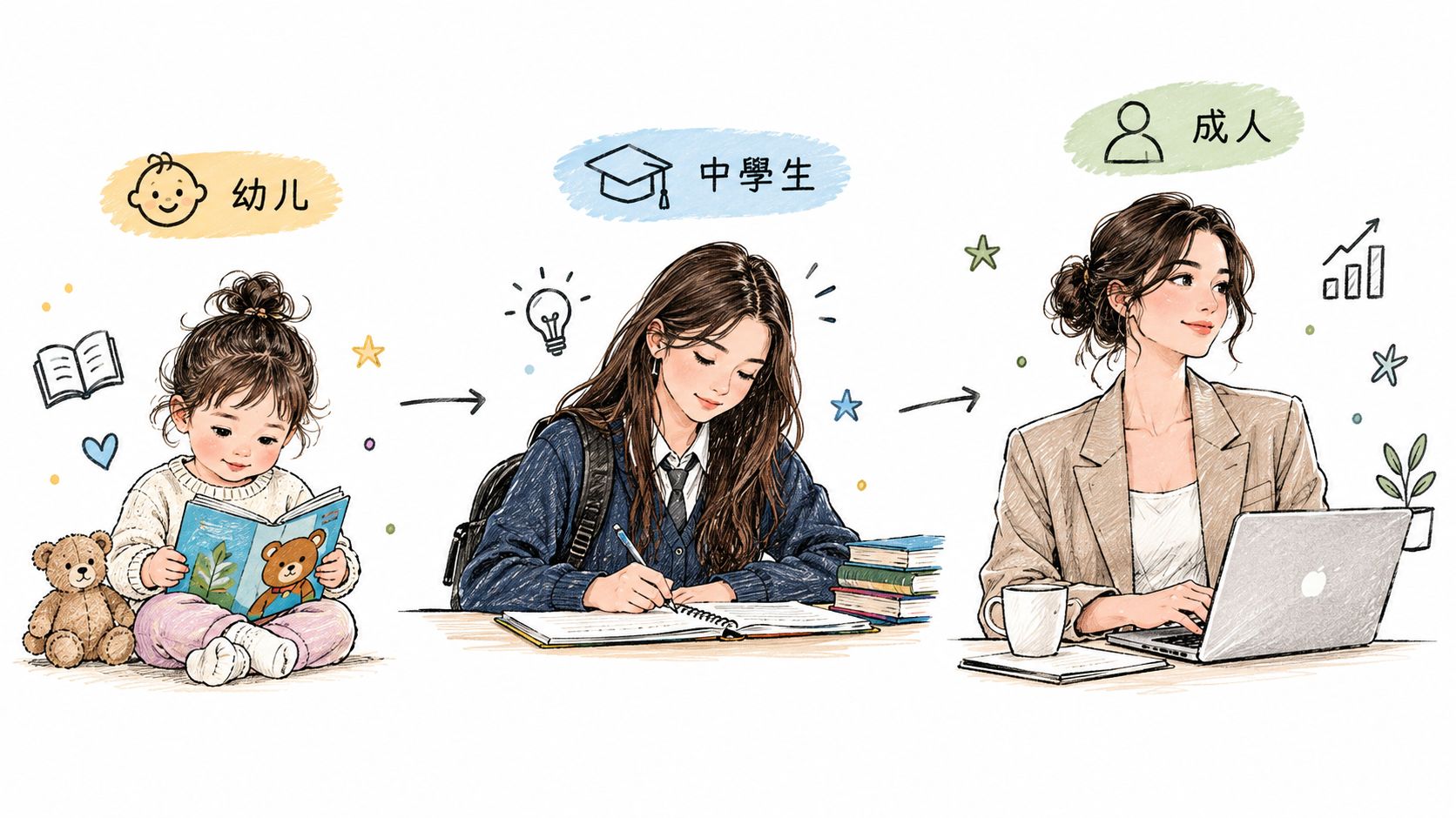 插画展示了从幼儿阅读、中学生学习到成人工作的成长过程，体现了不同阶段的学习与发展。
