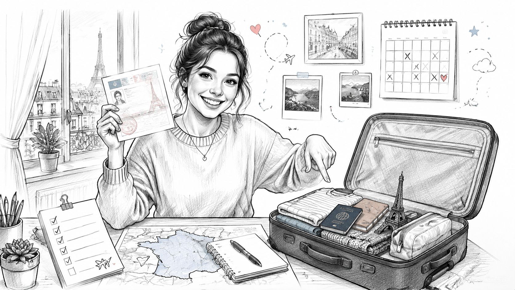 一位年輕女性正在準備法國度假打工簽證，桌上放著行李箱、地圖和旅行計劃表。