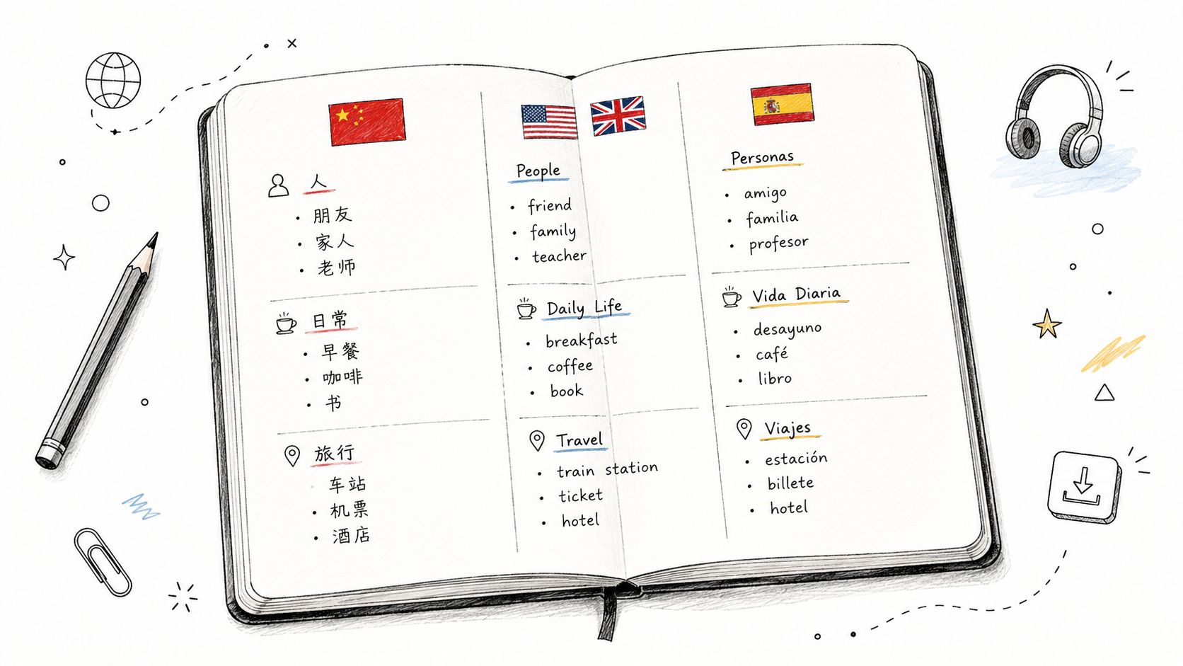 Spanish-English Glossary: 100 Commonly Used Words in Chinese, English, and Spanish, with Pronunciation and Example Sentences.