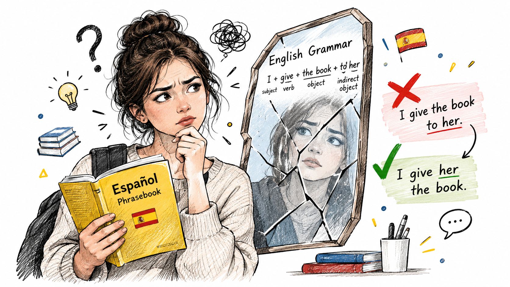 一位正在思考學習語法困難的學生,手持西班牙語教材並對照著英語句型結構。
