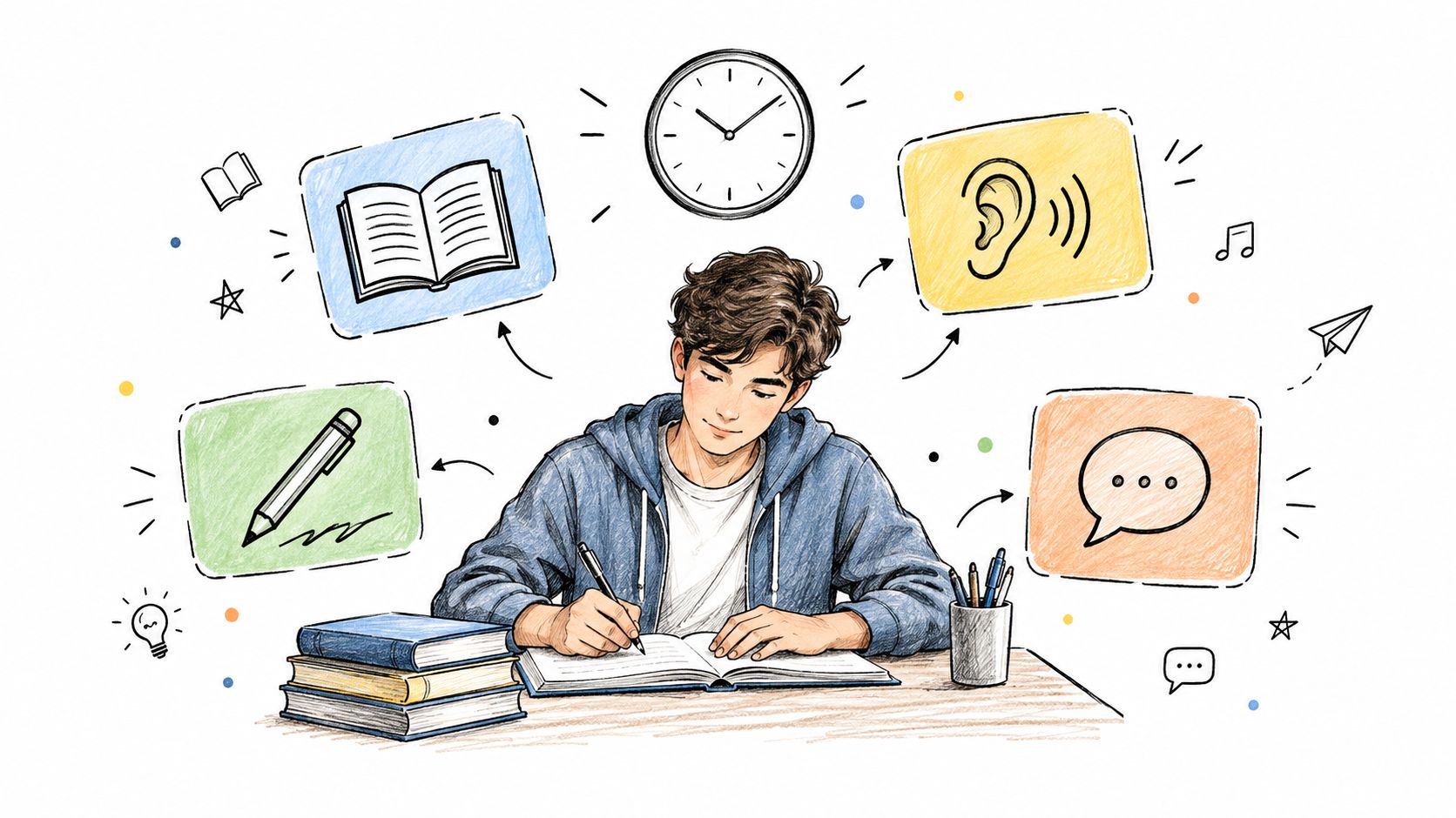 一位正在專注書寫的學生，四周環繞著象徵閱讀、聽力、寫作與溝通學習方式的圖示。