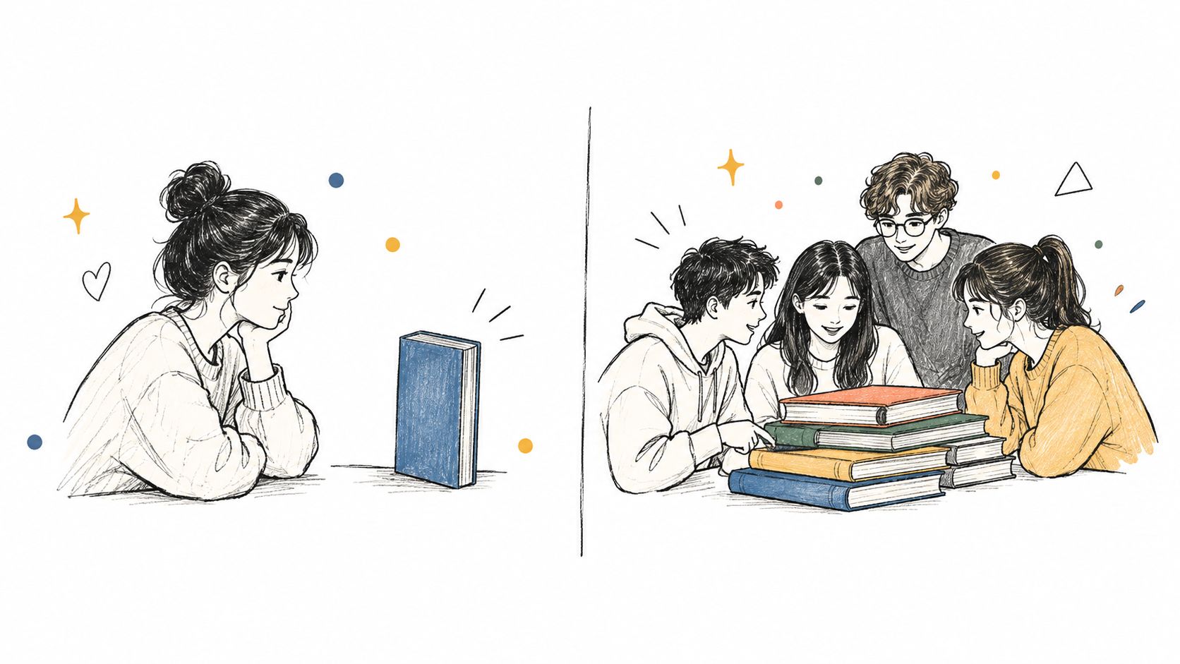 一位女生單獨看書與一群學生共同討論書籍的對比插畫