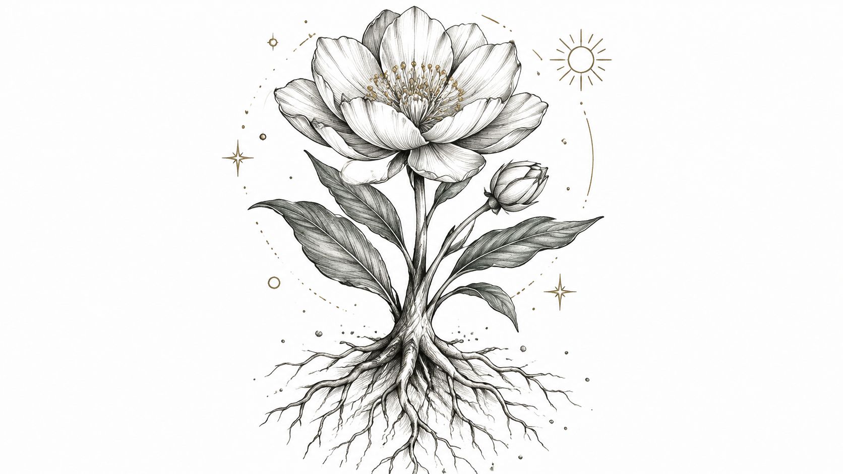 一幅黑色鉛筆素描,描繪盛開的鮮花及根系,旁邊有星辰與太陽圖案。