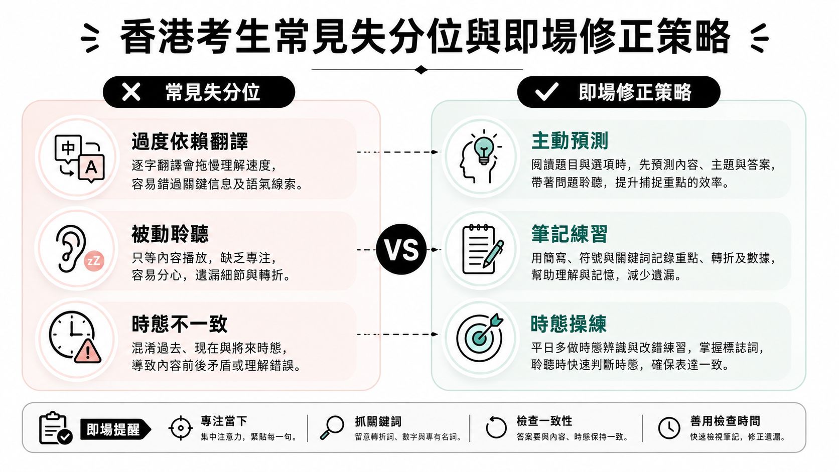 這是一張關於香港考生的常見失分位及即場修正策略的對比資訊圖表。
