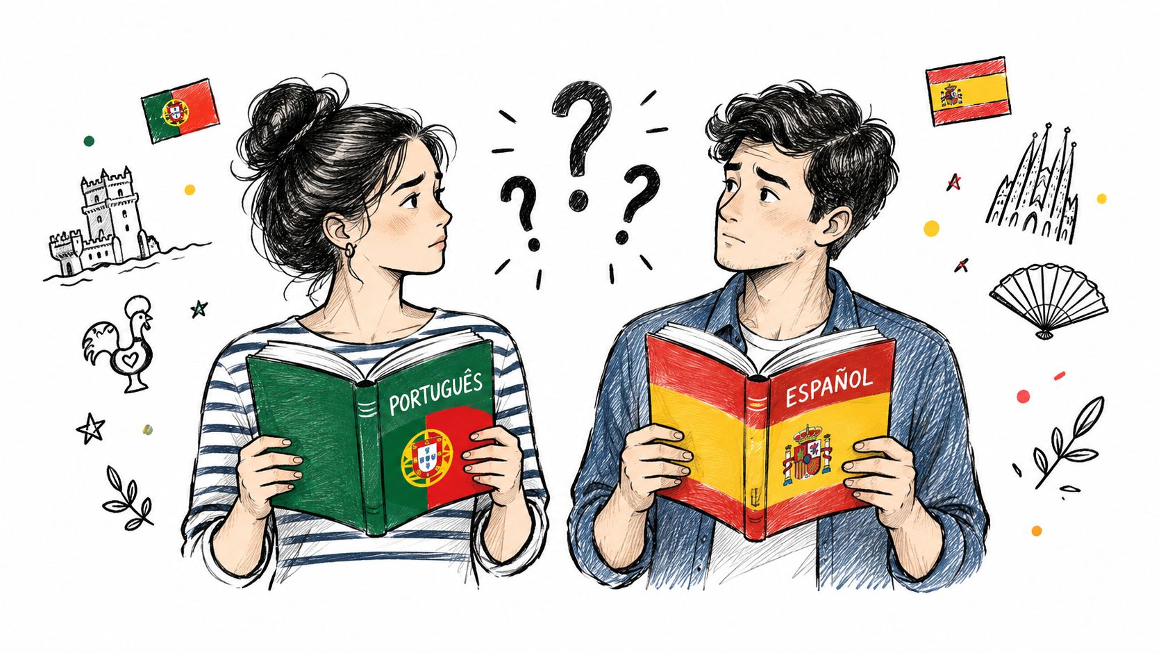一名年輕女性閱讀葡萄牙語書籍,一名年輕男性閱讀西班牙語書籍,兩人看起來面露困惑。