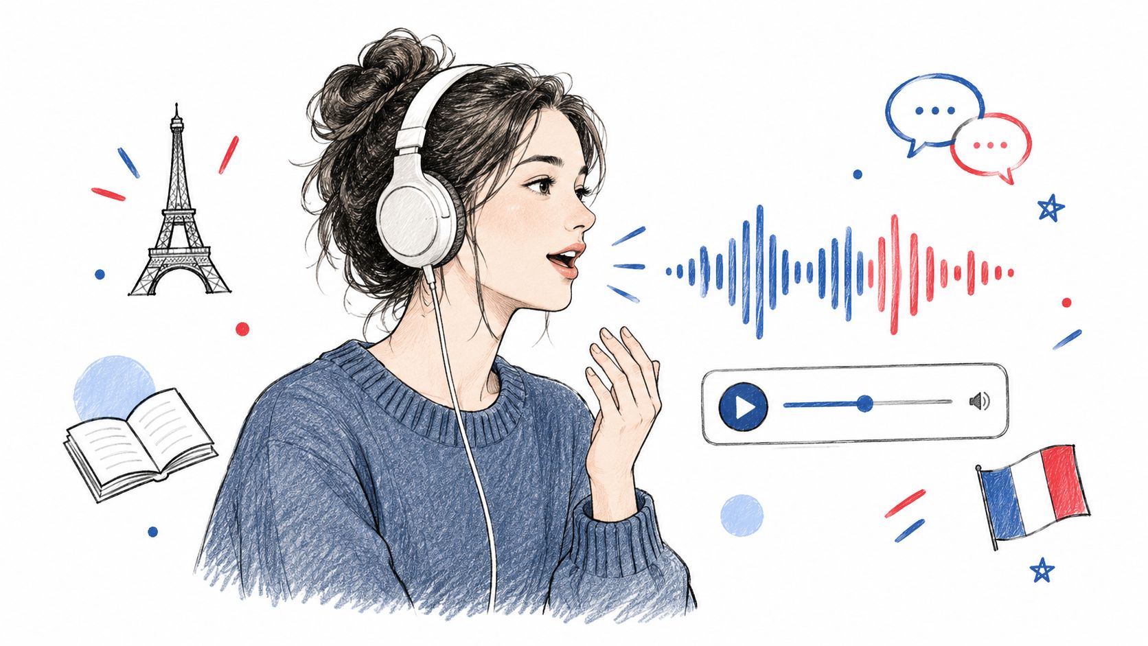 一位年輕女性戴着耳機練習法文口語，周圍有艾菲爾鐵塔、書本與語音波形圖示。