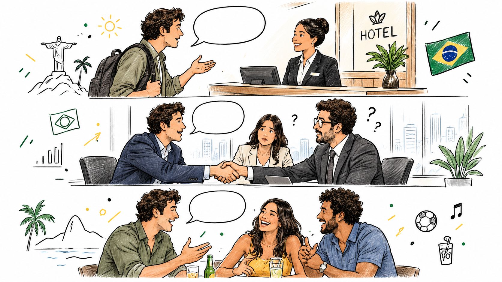 插圖展示了三種不同的社交場景,描繪巴西人與他人互動的各種情境與文化氛圍。
