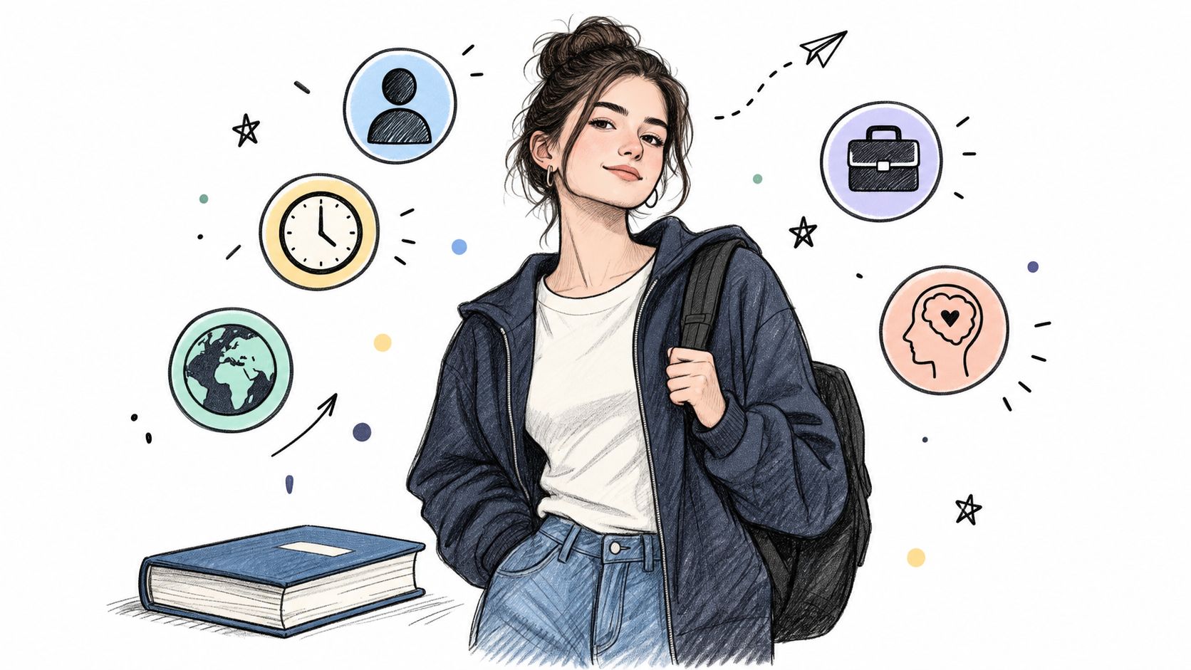 一位年輕女性學生背著背包,周圍環繞著代表時間、工作、學習與生活的各種圖示。