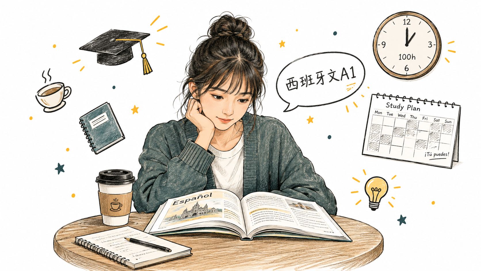 一位女生正在閱讀西班牙語教材,旁邊放著學習計劃表和咖啡,專注於西班牙文A1程度的學習。