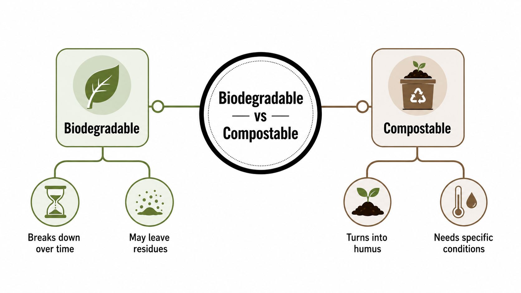 A diagram comparing the environmental definitions and decomposition processes of biodegradable versus compostable materials.