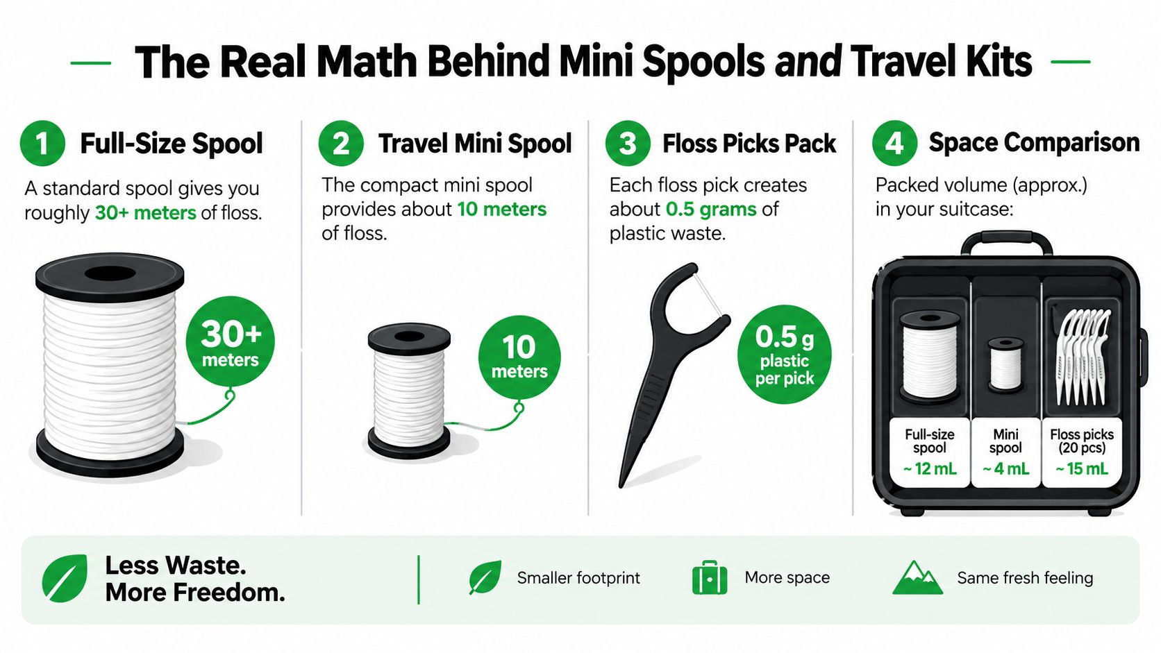 An infographic comparing the plastic waste and storage volume of full-size floss spools, mini spools, and dental floss picks.