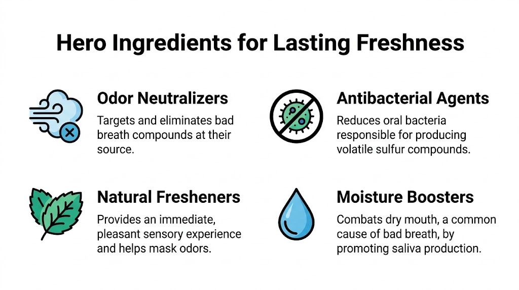 An infographic detailing four hero ingredients in toothpaste that work together to ensure lasting fresh breath.
