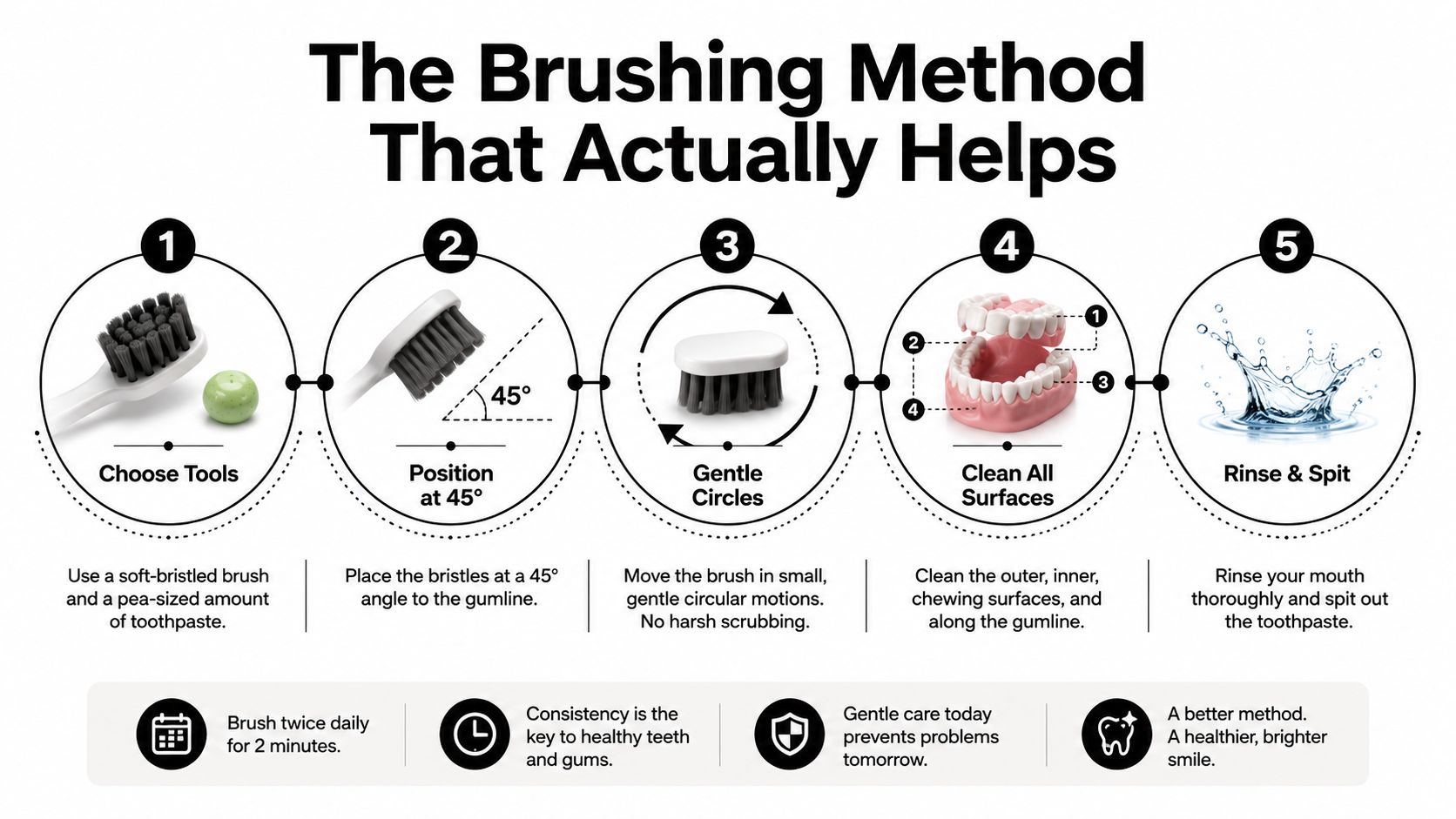 A five-step infographic showing the proper technique for brushing teeth, including angles, motions, and rinsing instructions.