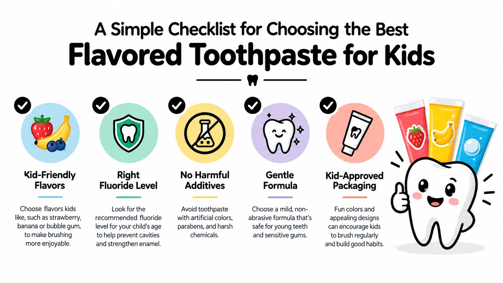 A simple checklist for choosing the best flavored toothpaste for kids, illustrating tips like fluoride, flavors, and packaging.