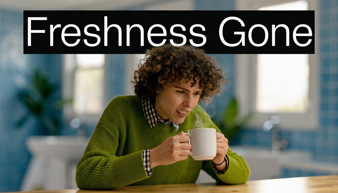 A person with curly hair holding a steaming mug looks displeased, suggesting a bad breath situation.