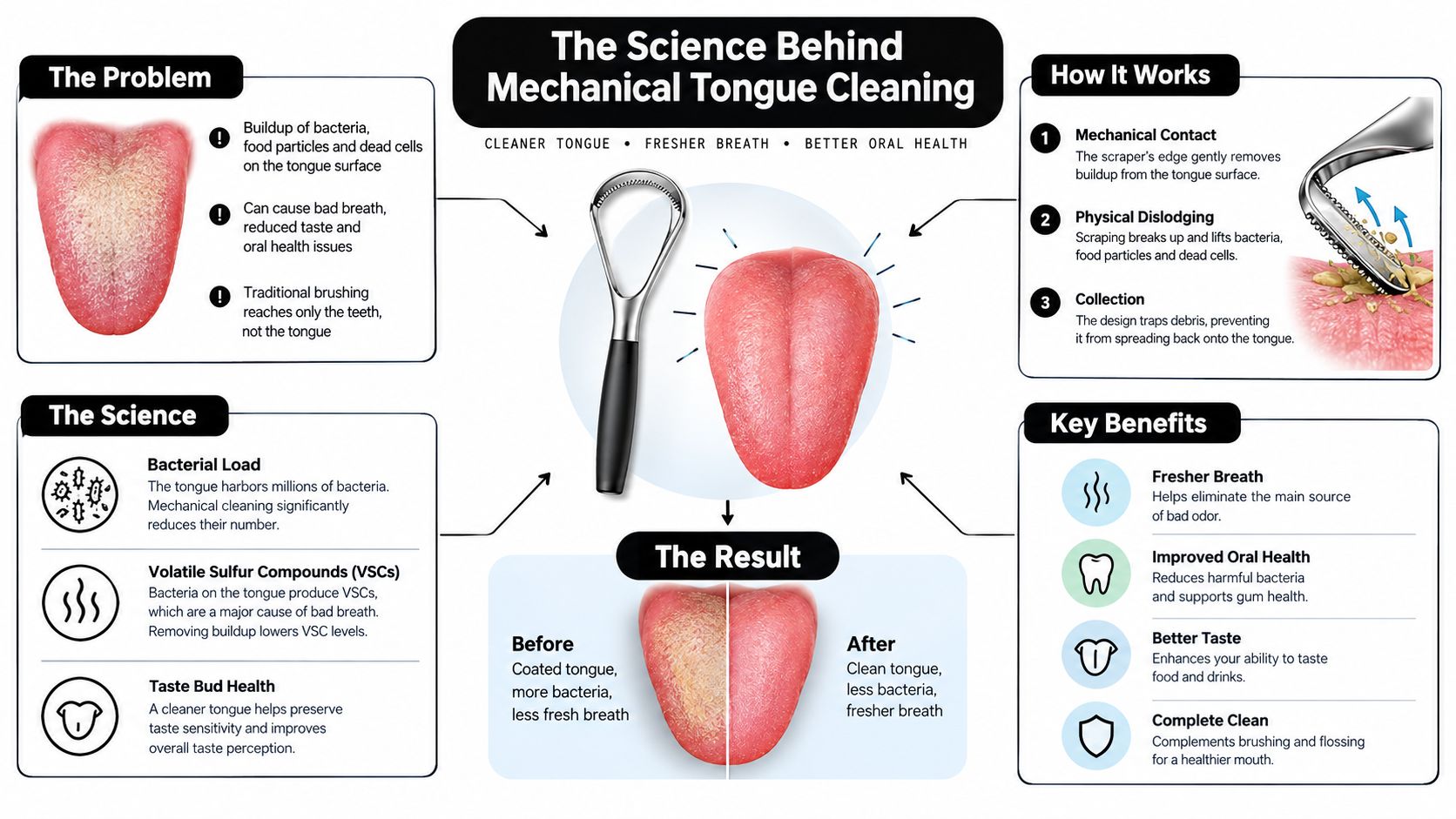 An infographic explaining the science and benefits of using a metal tongue scraper for oral hygiene.