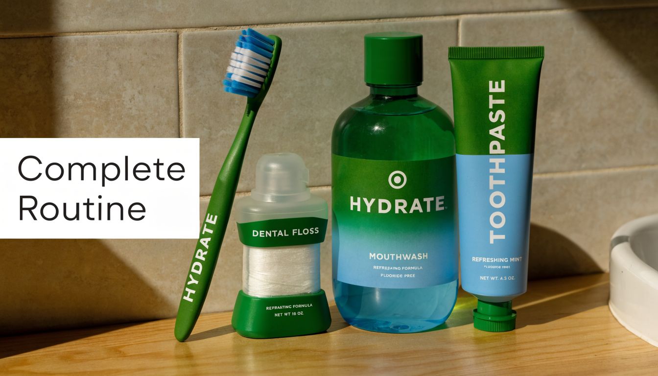 A set of green and blue dental care products including a toothbrush, floss, mouthwash, and toothpaste.