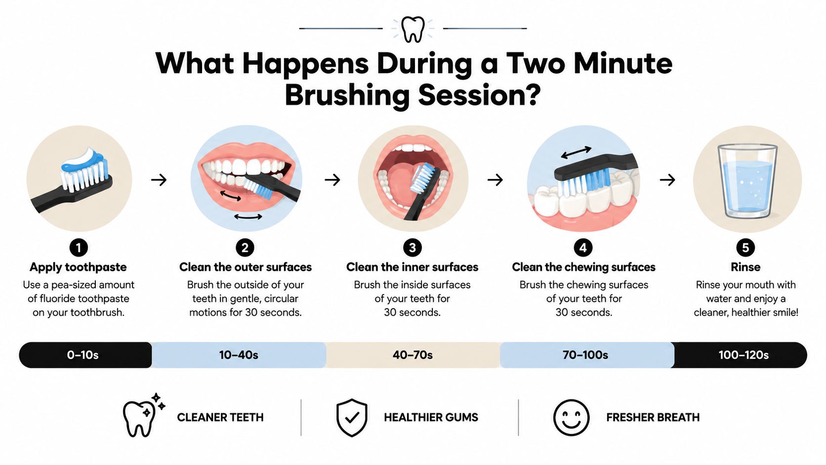 An infographic illustrating the five-step process for a proper two-minute dental brushing routine for better oral hygiene.