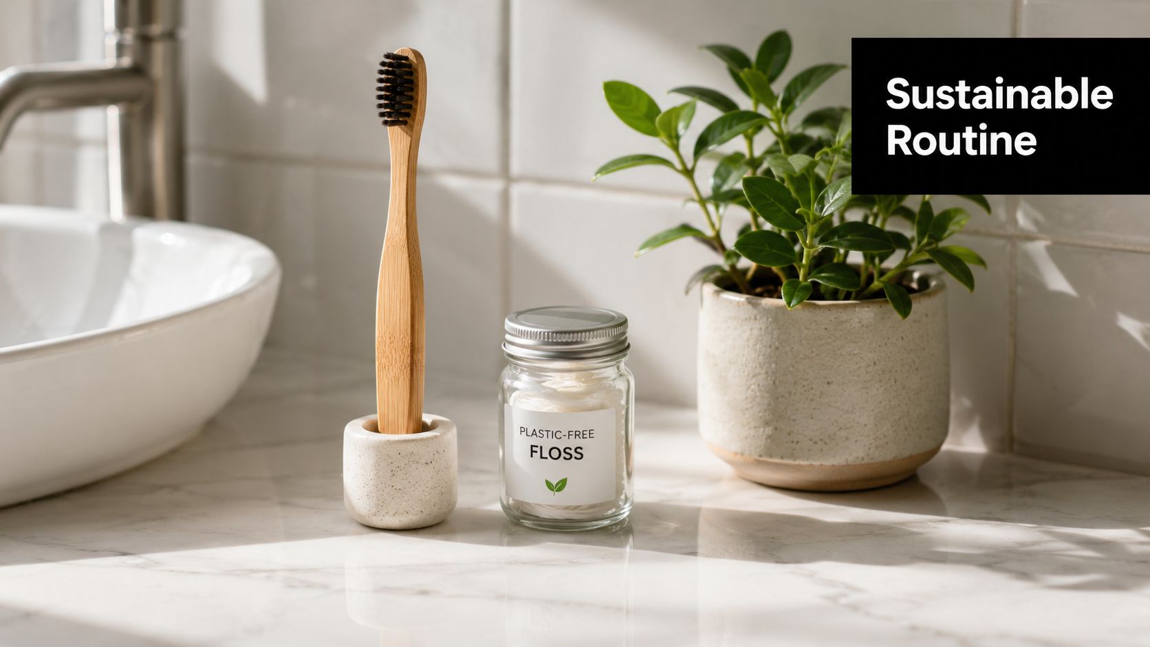 A bamboo toothbrush in a holder and a glass jar of plastic-free floss on a bathroom counter.