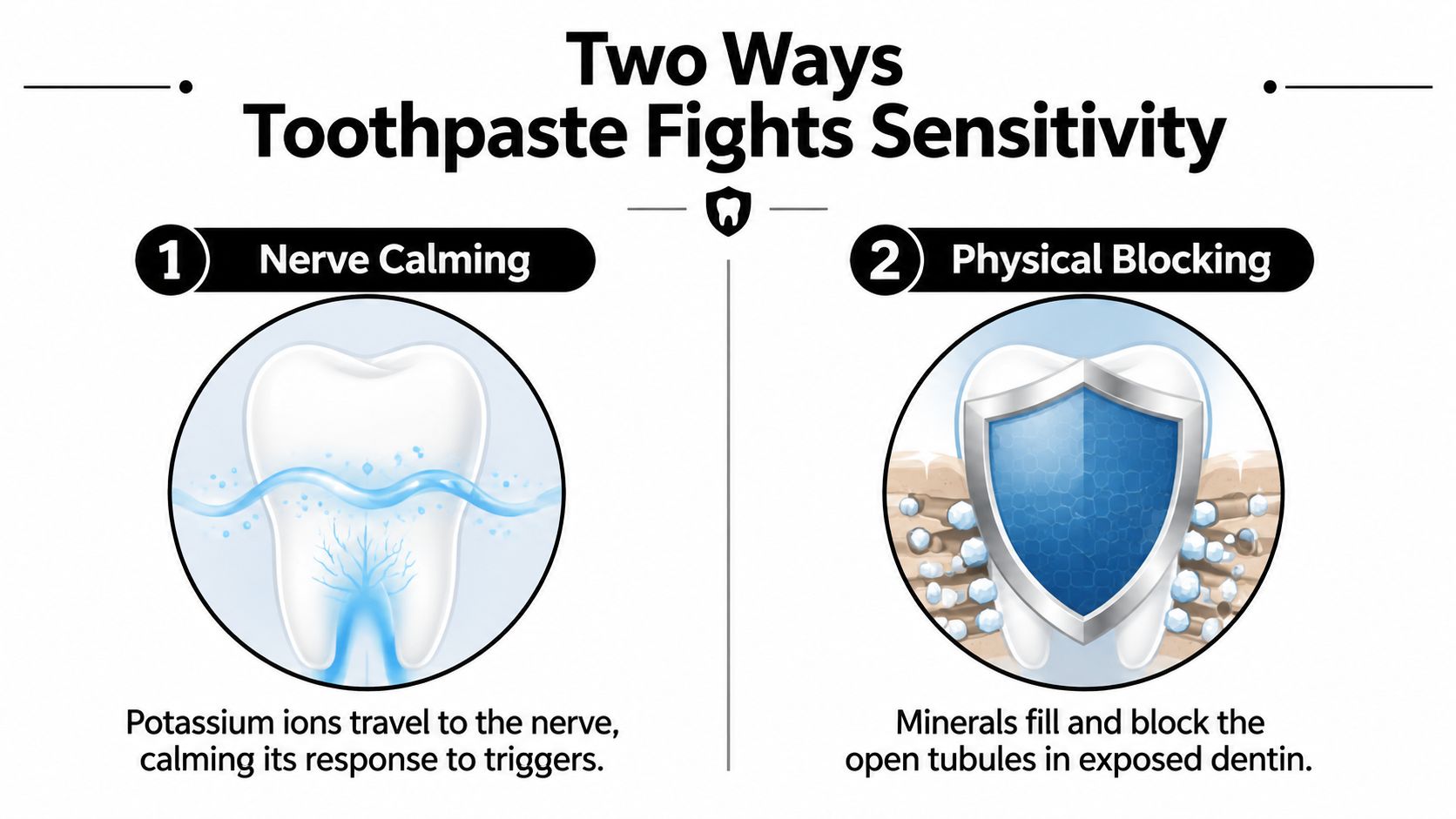 A diagram explaining two mechanisms of how sensitive toothpaste works: nerve calming and physical blocking of tubules.