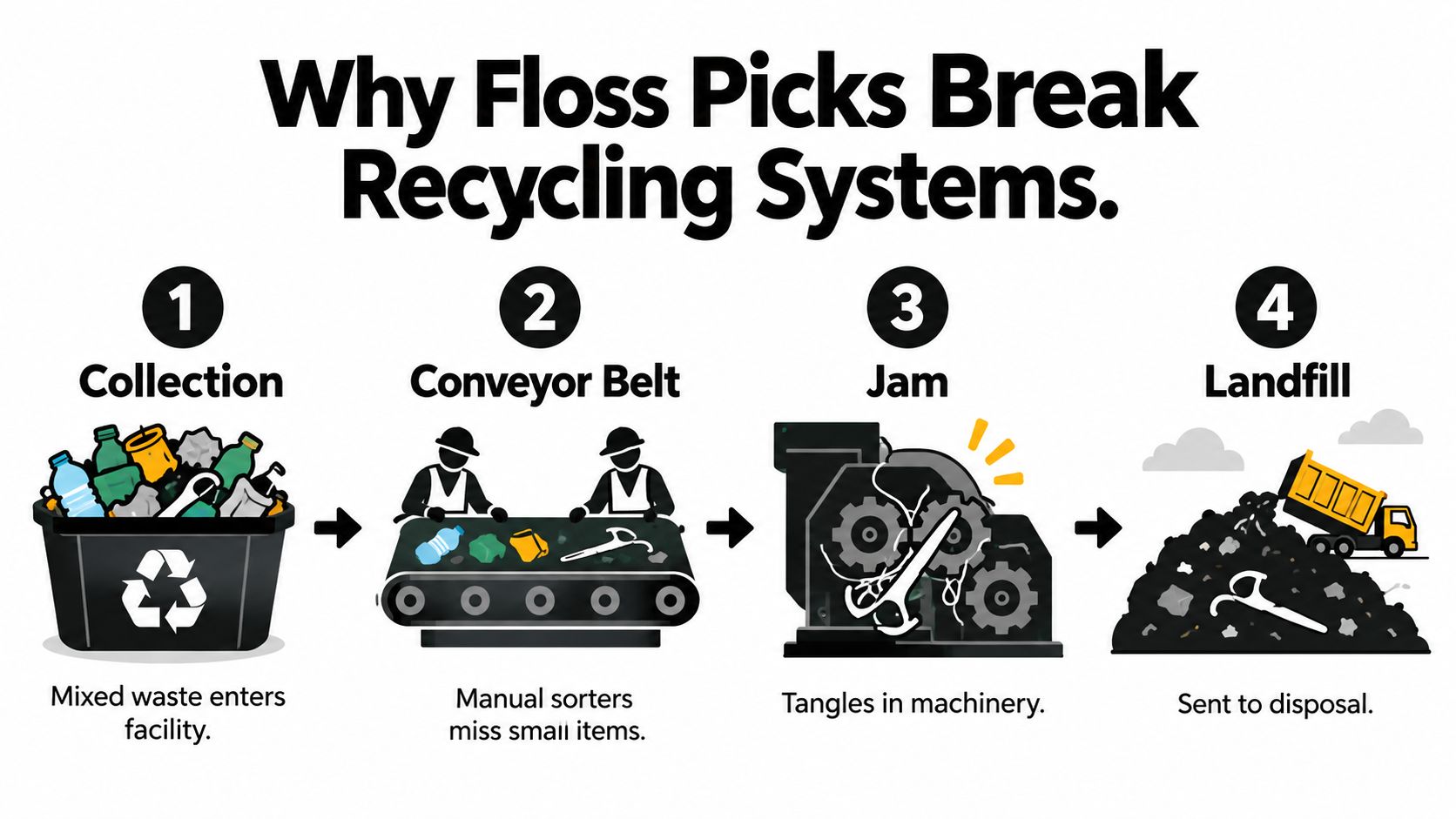 A four-step diagram illustrating how tiny plastic floss picks disrupt recycling machinery and end up in landfills.