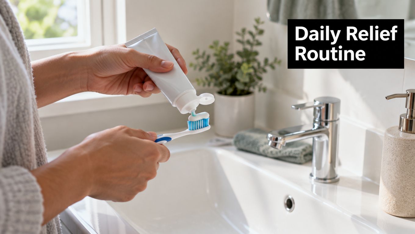A person in a robe applying toothpaste onto a toothbrush in a bright, modern bathroom setting.