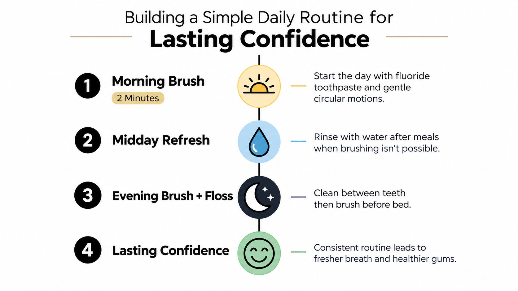 An infographic showing a four-step daily routine for dental hygiene to build lasting confidence.