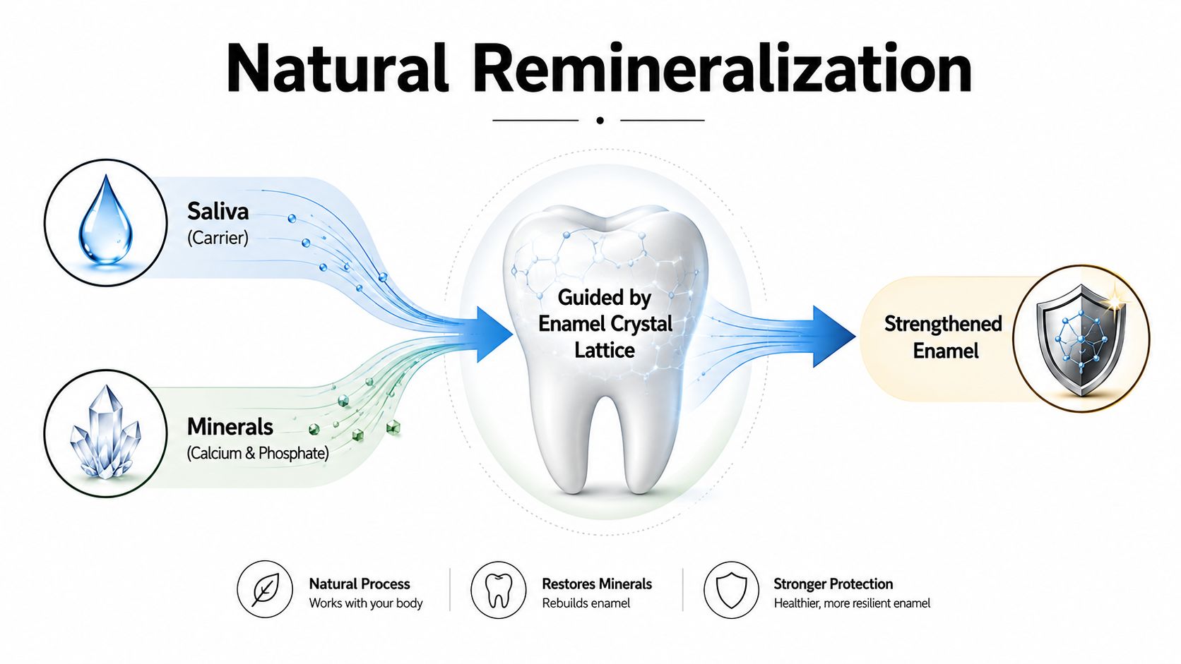 A diagram illustrating the natural remineralization process of human teeth using saliva and essential minerals.