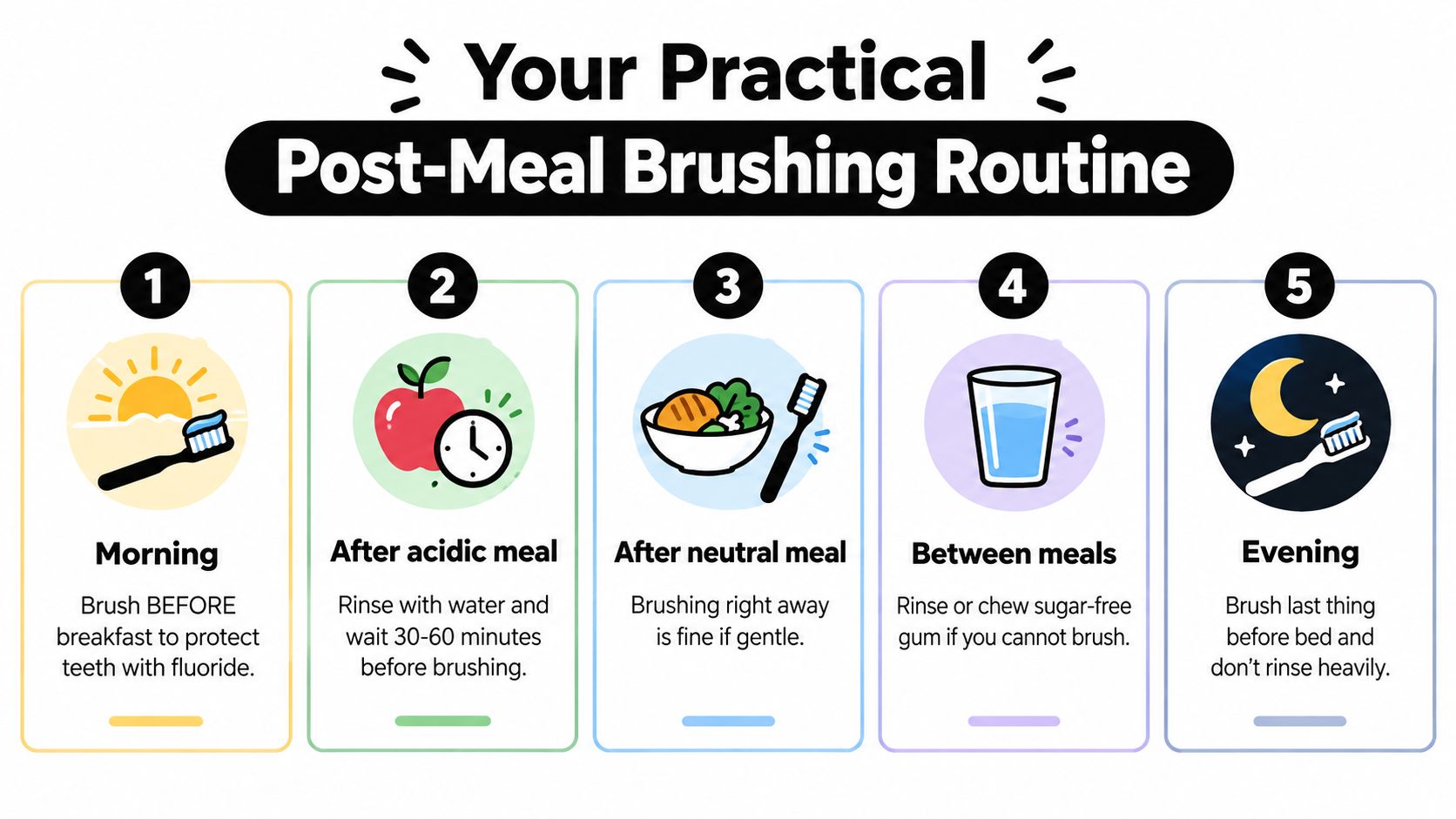 An infographic titled Your Practical Post-Meal Brushing Routine showing five numbered steps for optimal dental hygiene.