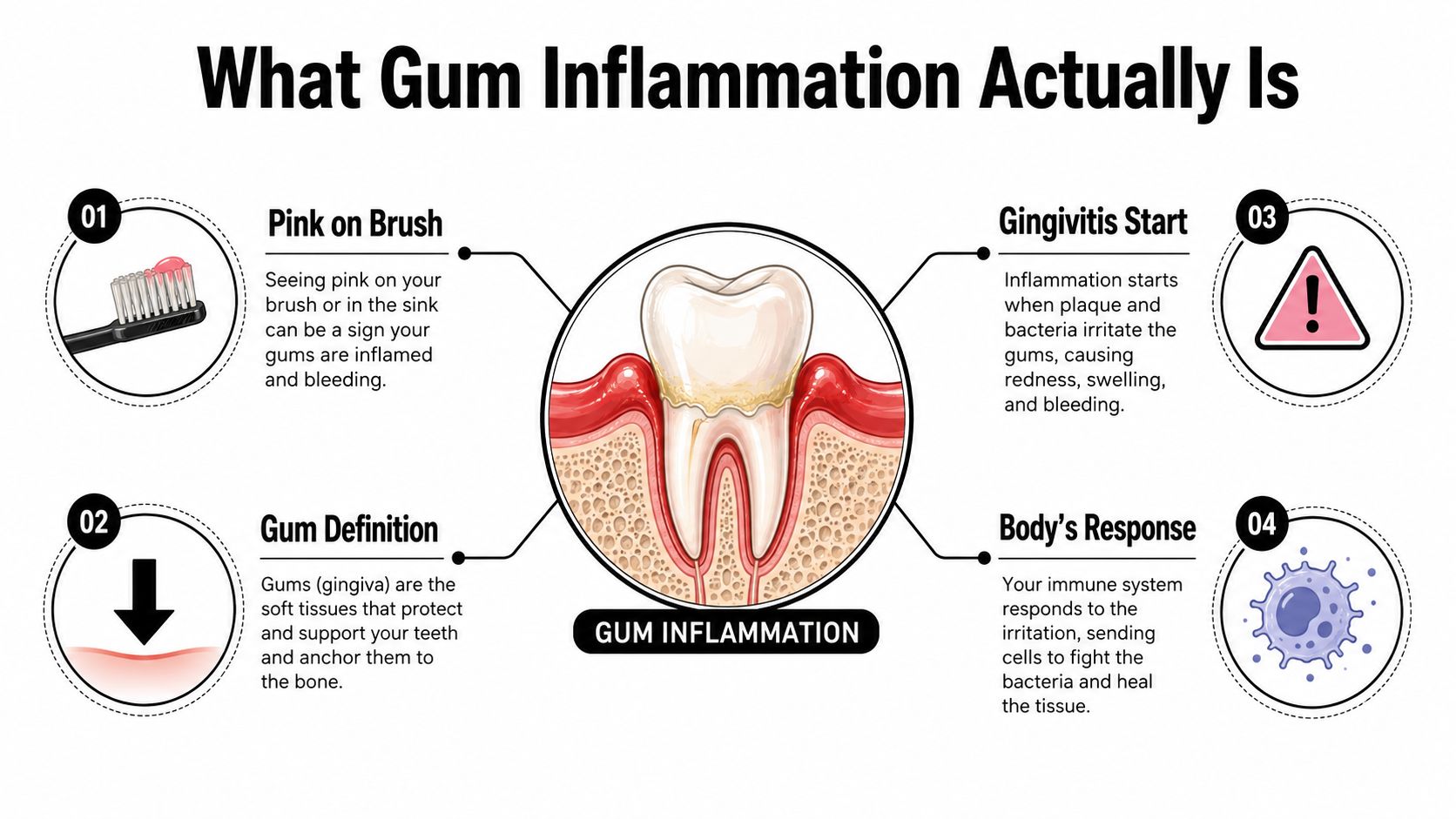 An infographic illustration explaining the causes and immune response mechanisms associated with gum inflammation and gingivitis.