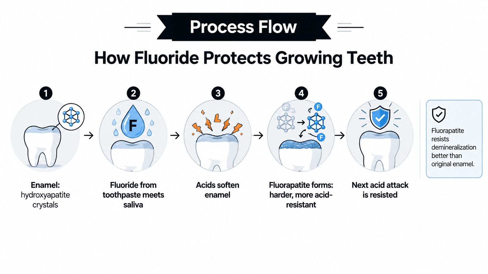 A diagram illustrating the five-step process of how fluoride protects growing teeth by strengthening tooth enamel.
