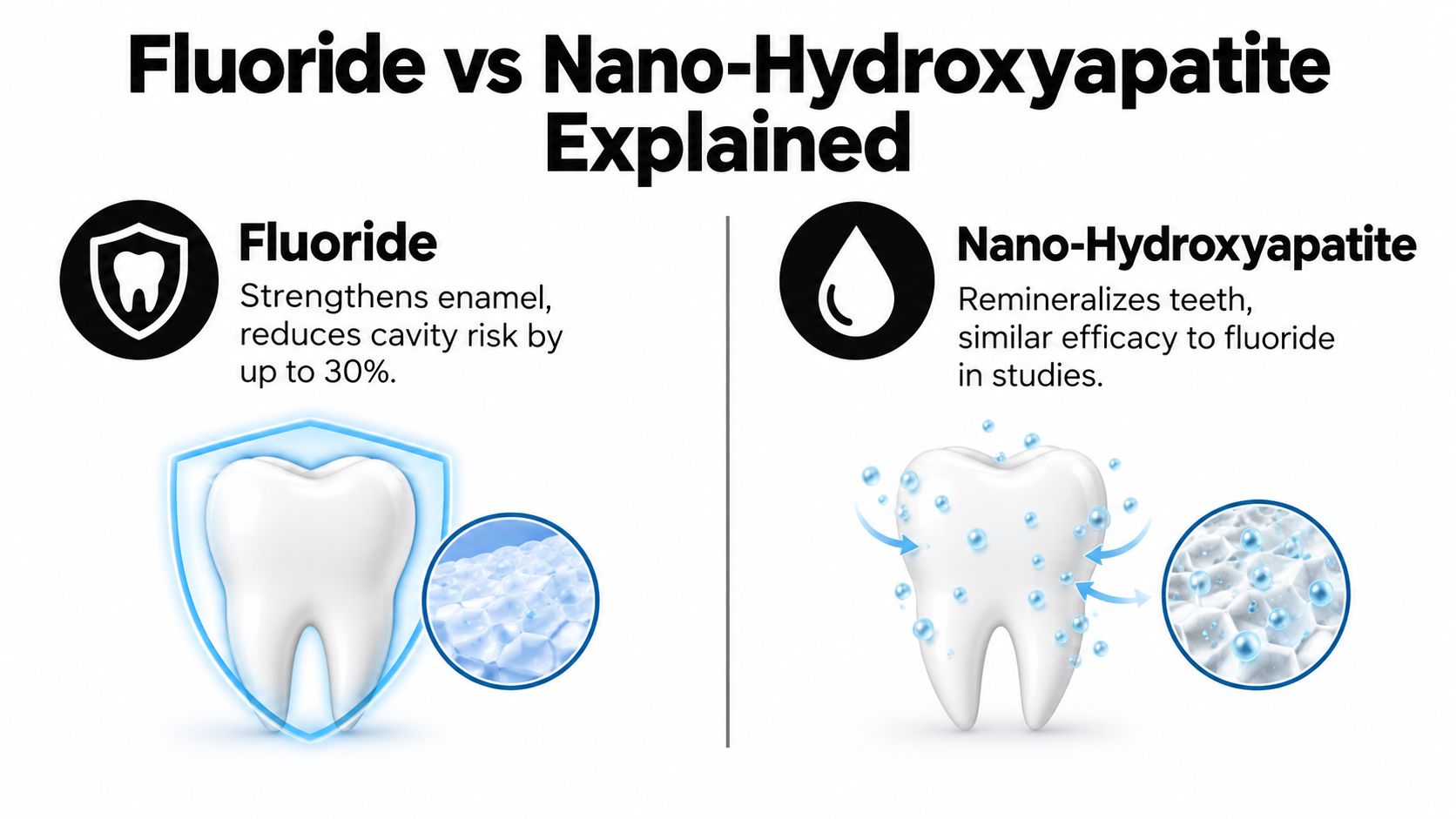 A comparison chart explaining the benefits of fluoride versus nano-hydroxyapatite for strengthening and remineralizing teeth enamel.