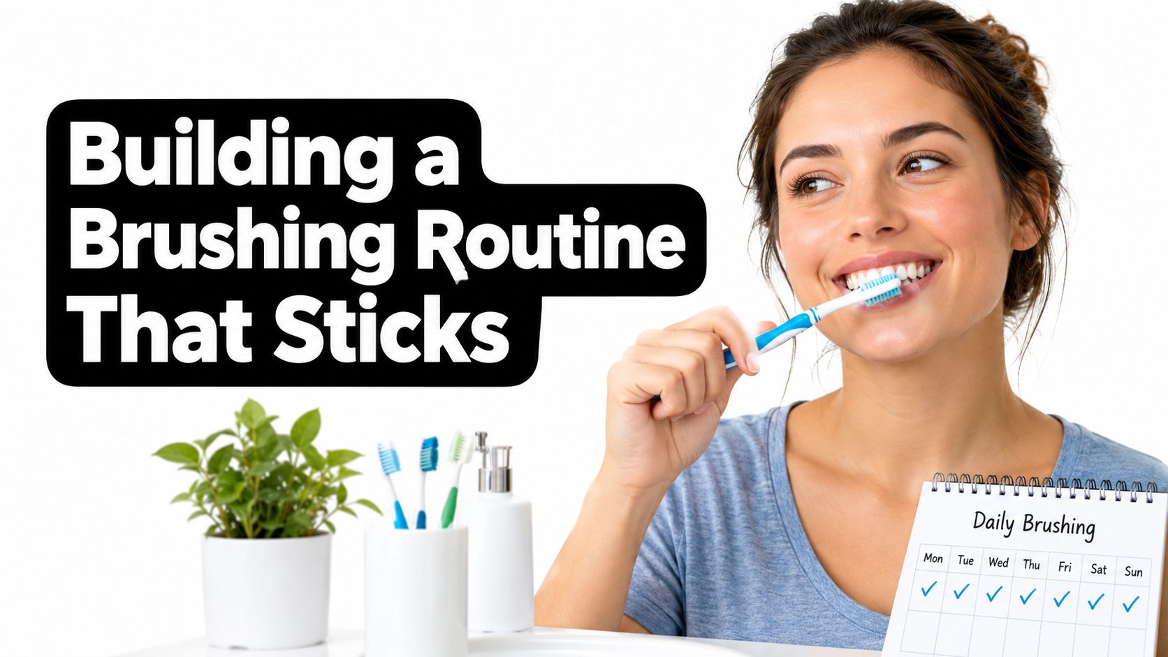 A smiling woman brushing her teeth next to a daily tracking calendar and toothbrushes in a holder.