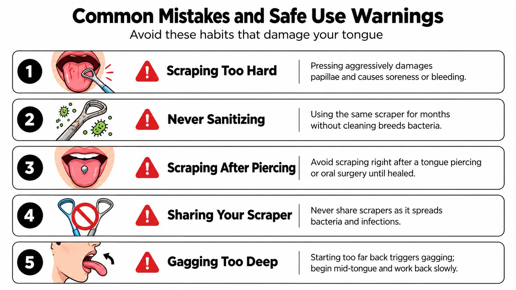 A list titled Common Mistakes and Safe Use Warnings about how to correctly use a tongue scraper.