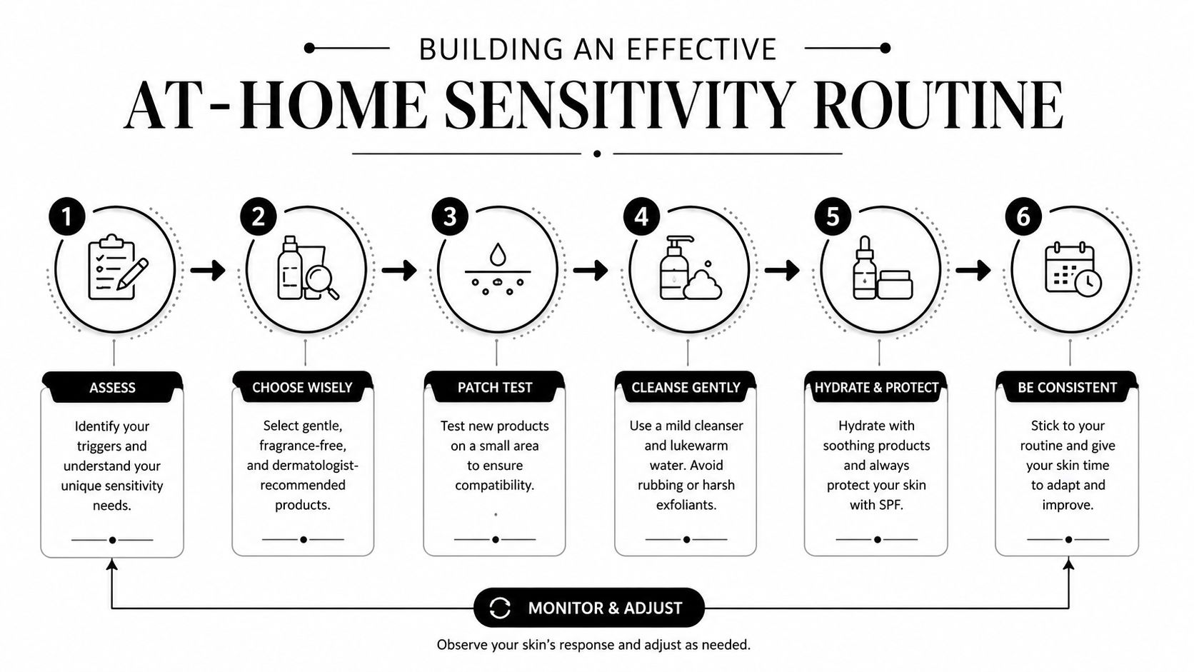A six-step instructional guide on how to build an effective at-home skin sensitivity routine for better health.
