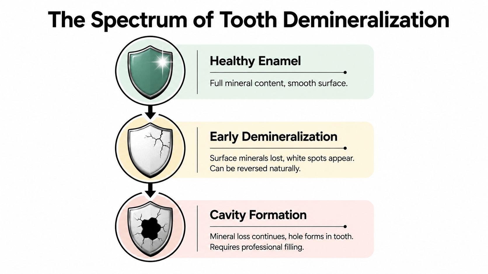 A diagram illustrating the spectrum of tooth demineralization, from healthy enamel to cavity formation requiring treatment.
