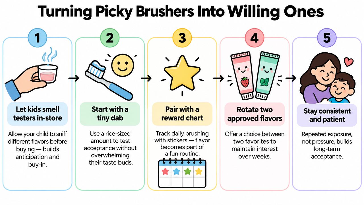 A five-step guide on how to encourage children to brush their teeth using fun methods.