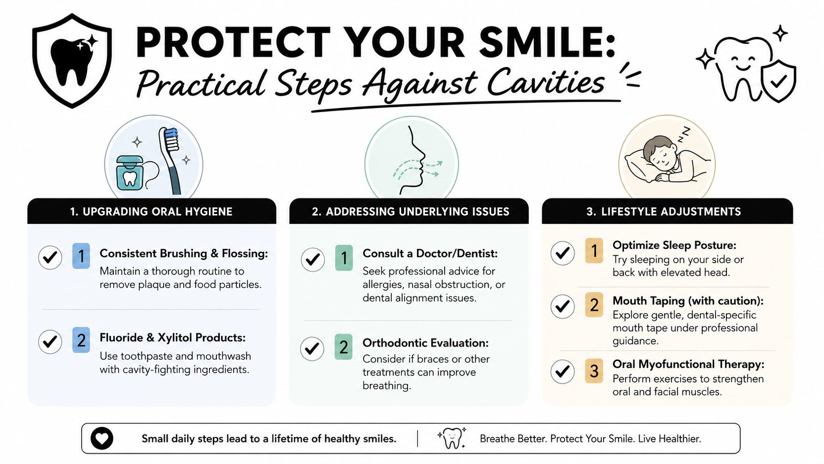 An infographic detailing practical steps for oral hygiene and lifestyle adjustments to protect teeth from cavities.