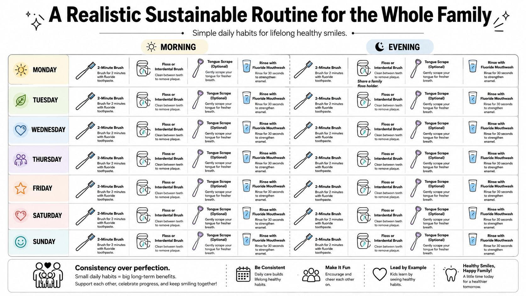 A weekly dental hygiene chart for the family outlining daily brushing, flossing, and tongue scraping habits.