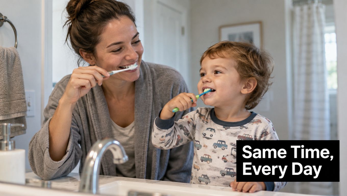 A mother and her young son smiling while brushing their teeth together in a bathroom.