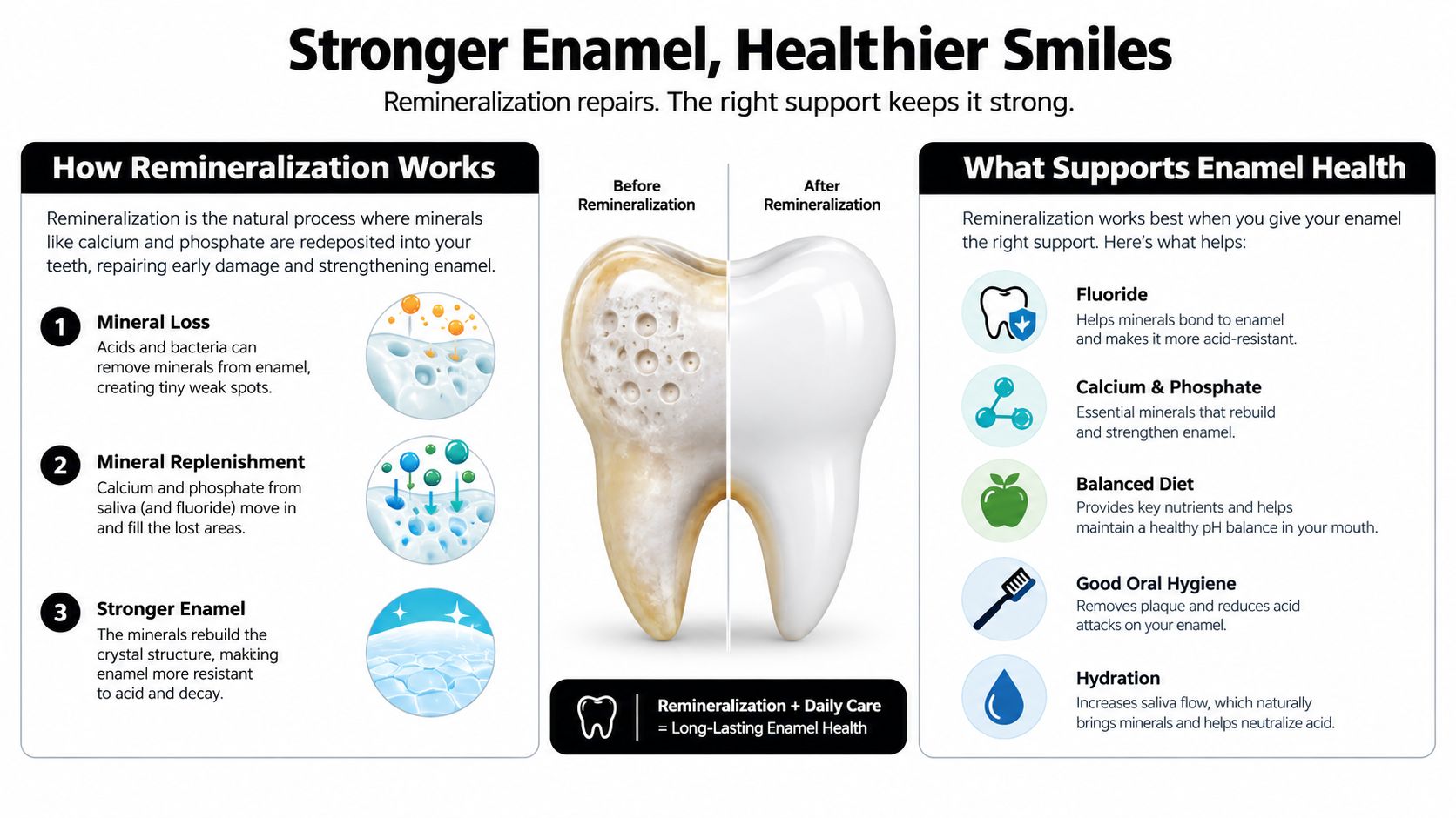 An educational infographic explaining the natural process of tooth enamel remineralization and how to support dental health.