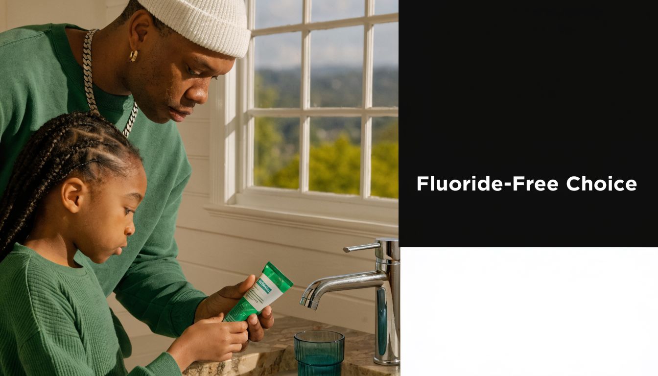 A father and child standing at a bathroom sink looking at a tube of fluoride-free toothpaste.