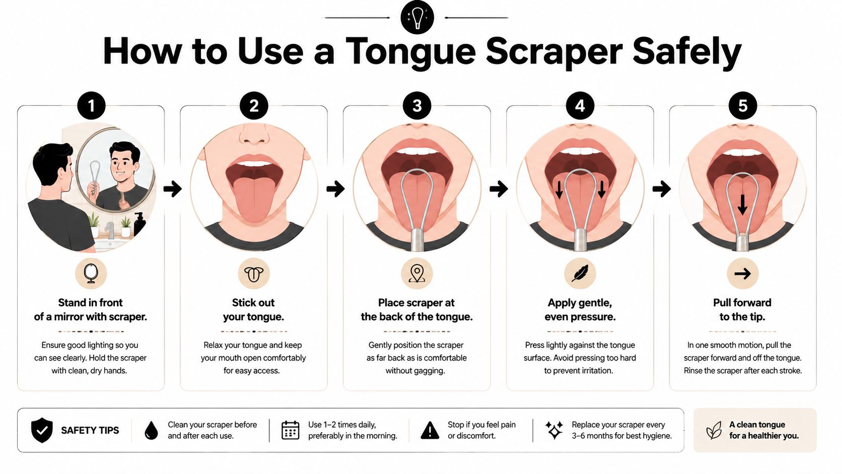 An infographic showing five easy steps on how to use a metal tongue scraper correctly and safely.