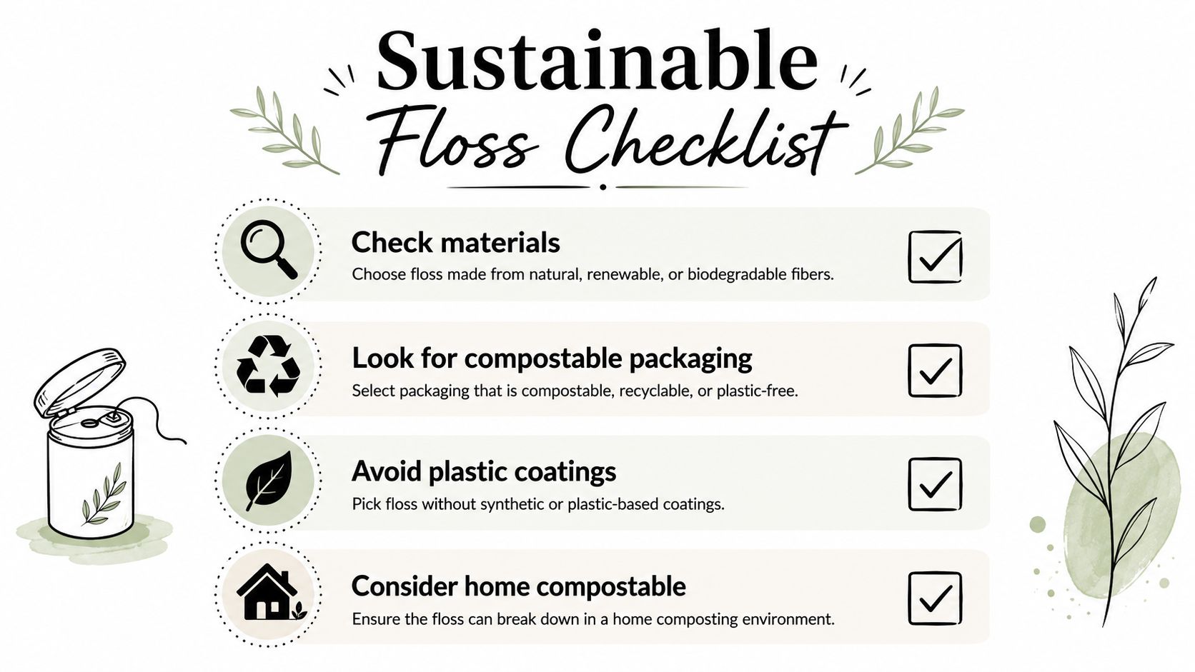 A sustainable floss checklist infographic with tips on choosing biodegradable, plastic-free dental floss and packaging.