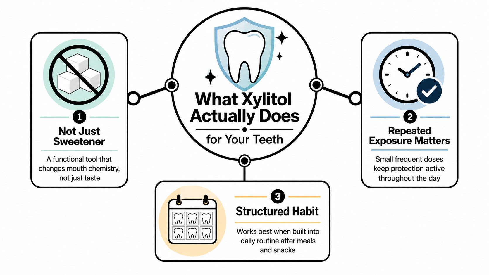 An infographic explaining the benefits of xylitol for dental health through three structured daily habits.
