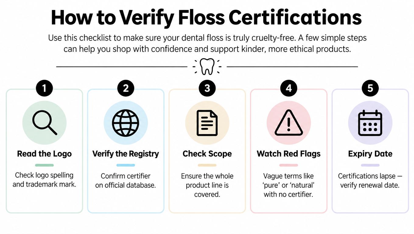 A five-step checklist infographic on how to verify cruelty-free certifications for dental floss products.