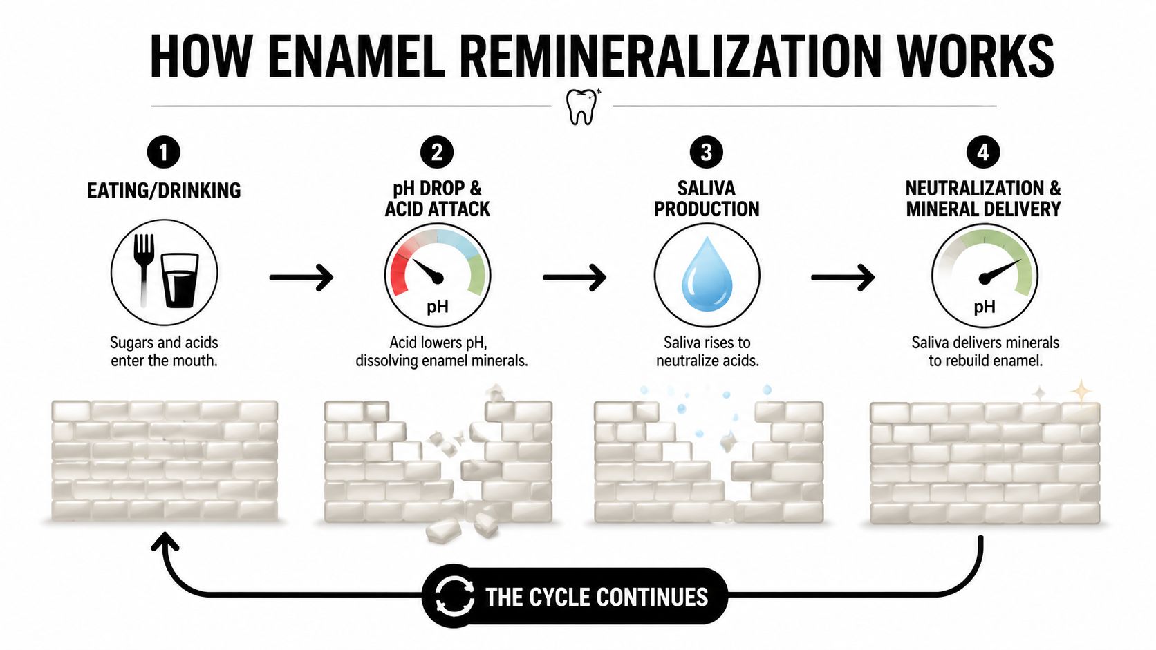 A four-step infographic illustrating how saliva neutralizes acid and restores minerals to repair dental enamel.