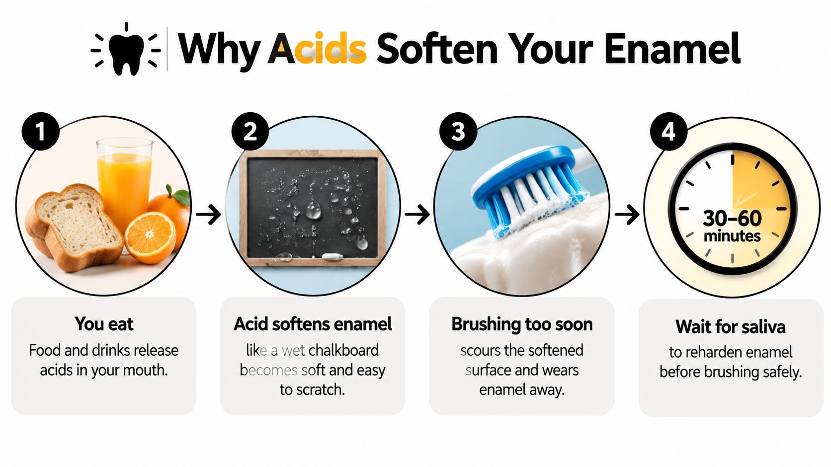 A four-step infographic explaining why you should wait after eating before brushing your teeth to protect enamel.