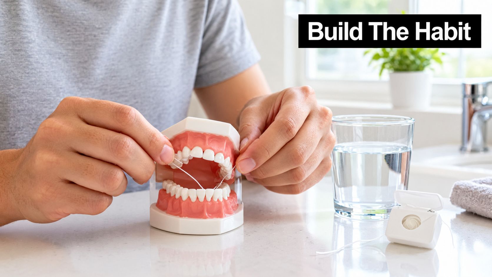 A person demonstrating the proper use of cruelty-free dental floss on a plastic anatomical teeth model.