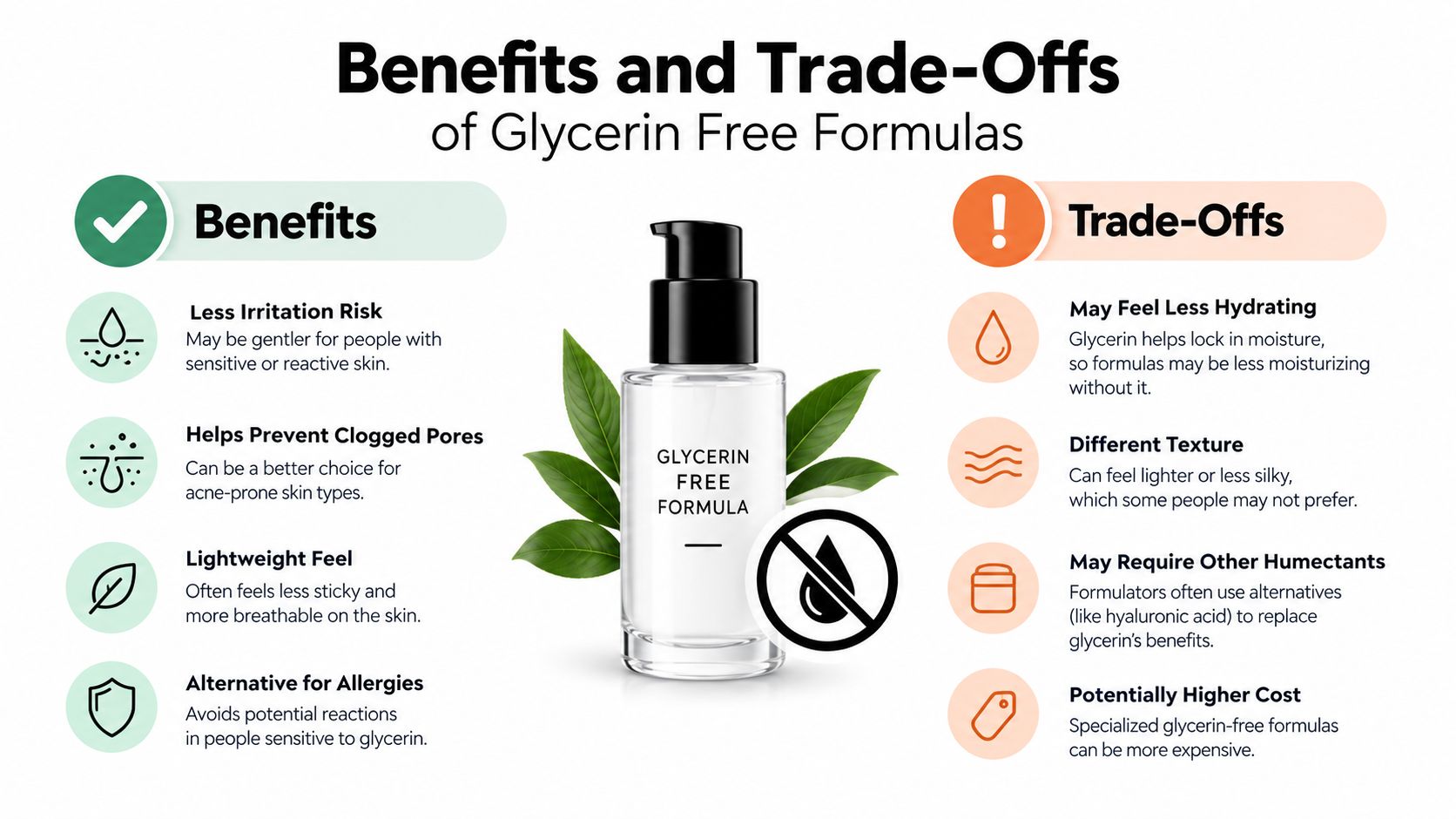 A visual infographic explaining the pros and cons of using glycerin-free skincare product formulas on the skin.